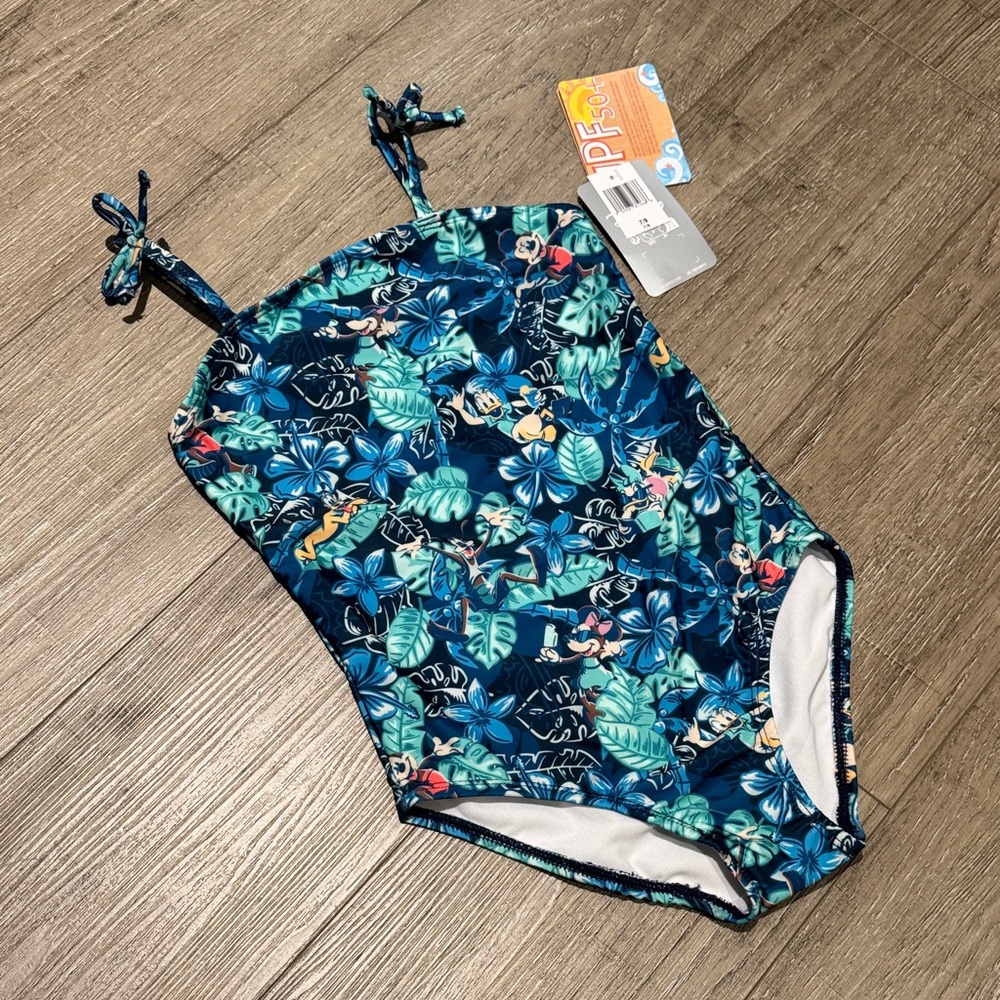 NWT Disney Girls Navy Tropical Print One-Piece Swimsuit with Character Accents